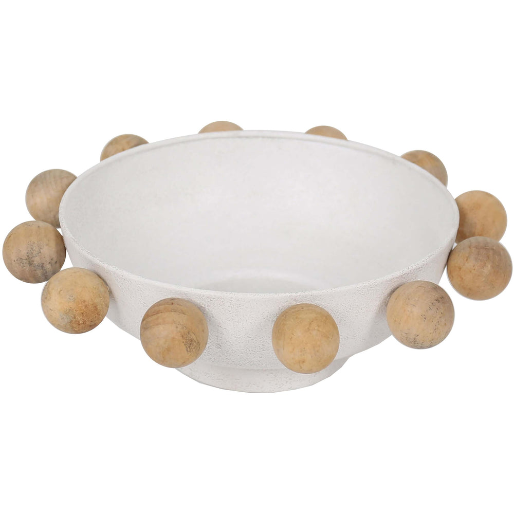 Wooden Bowl With Knobs, White-Accessories-High Fashion Home