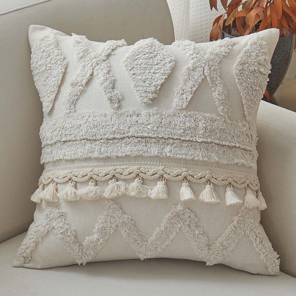 Tufted and Tassel Pillow, Ivory-Accessories-High Fashion Home