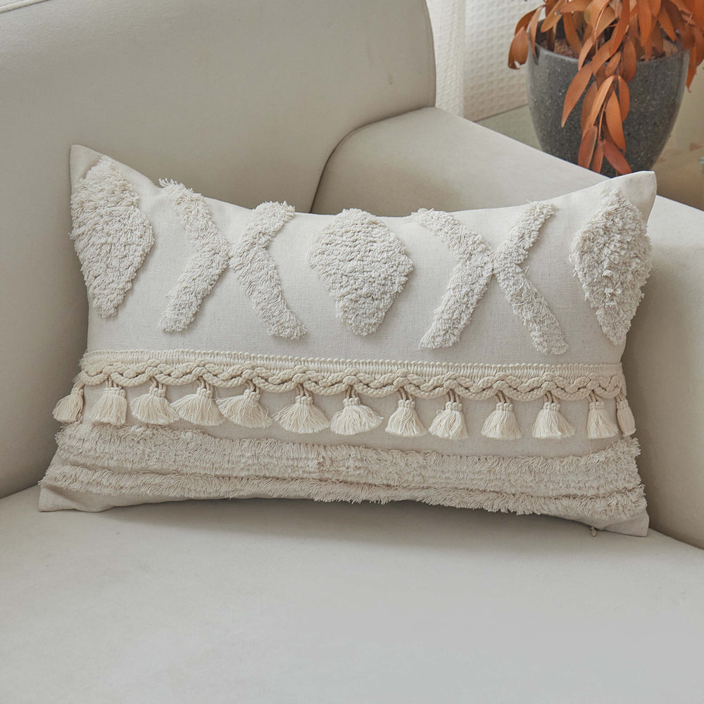 Tufted and Tassel Lumbar Pillow, Ivory-Accessories-High Fashion Home