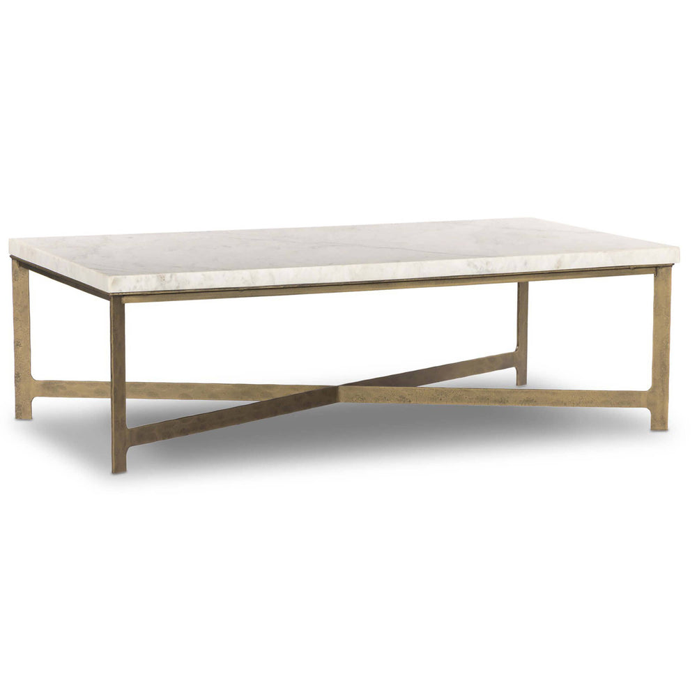 Hammered Iron Coffee Table, White Marble/Hammered Antique Brass